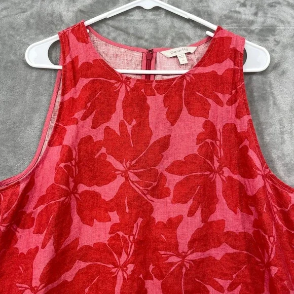 Garnet Hill 100% Linen Dress Size 14 European Flax Red Floral Pockets Sleeveless - Picture 2 of 8